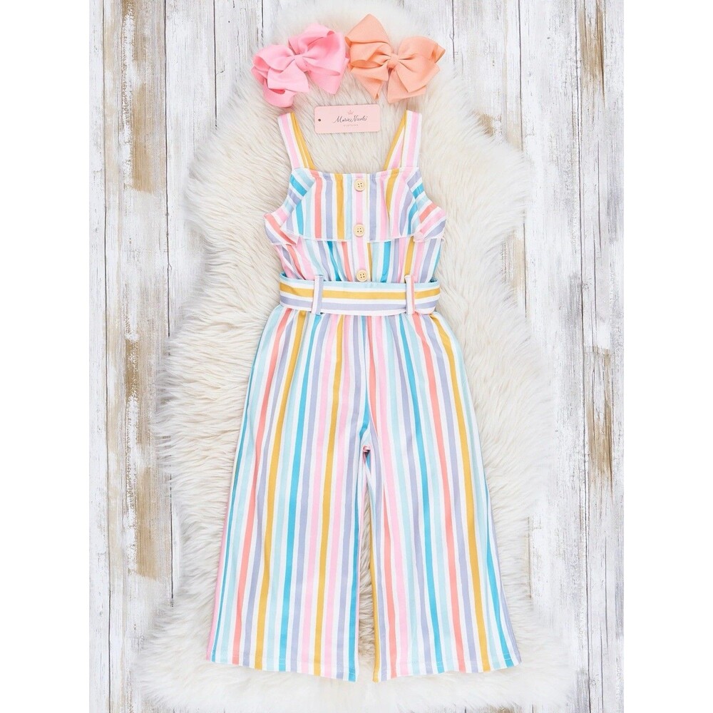 Marie Nicole Clothing Girls Rainbow Stripes Ruffle Jumpsuit 7Y / XXL